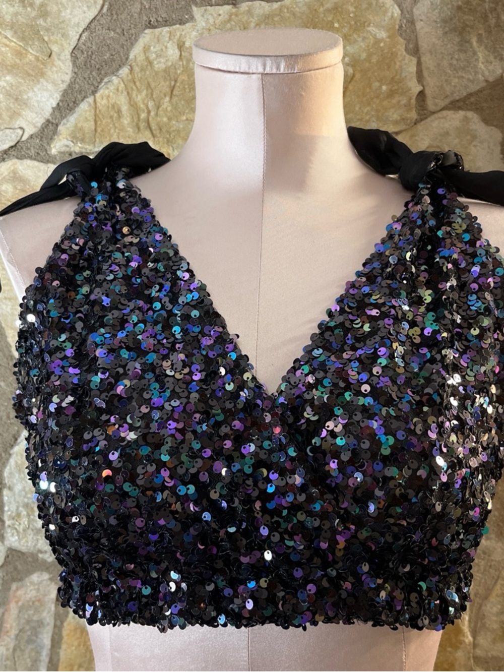 Free People Black Sequin Halter Crop Top Iridescent Party XS